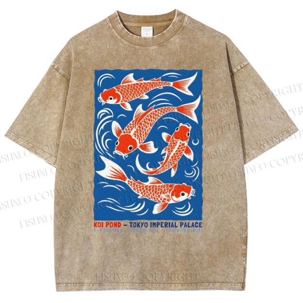 Unisex Vintage Koi Printed Washed Tee