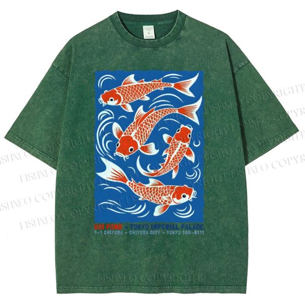 Unisex Vintage Koi Printed Washed Tee