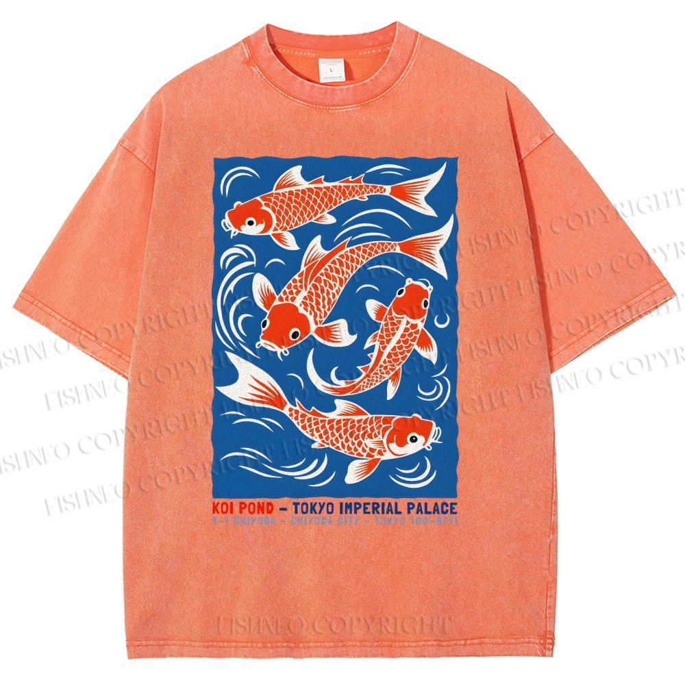 Unisex Vintage Koi Printed Washed Tee