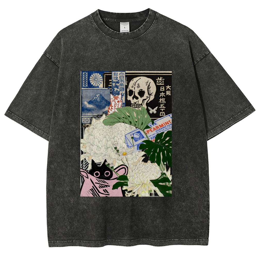  Chrysanthemum Japanese cat Washed T-Shirt