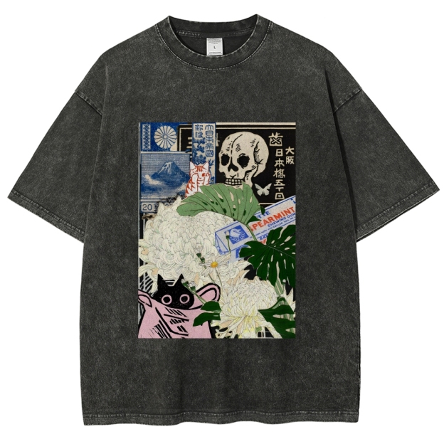  Chrysanthemum Japanese cat Washed T-Shirt