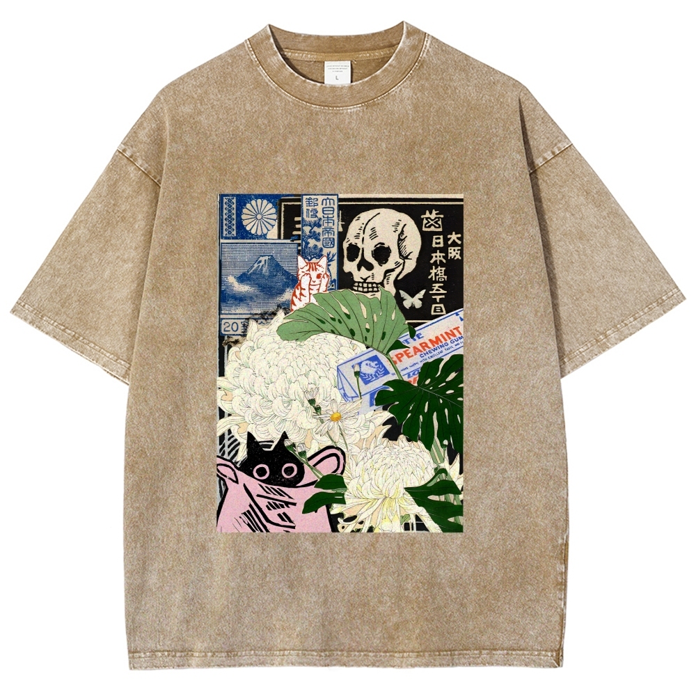 Chrysanthemum Japanese cat Washed T-Shirt