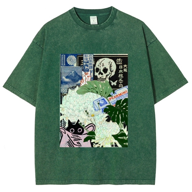  Chrysanthemum Japanese cat Washed T-Shirt
