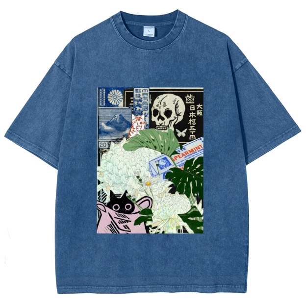  Chrysanthemum Japanese cat Washed T-Shirt