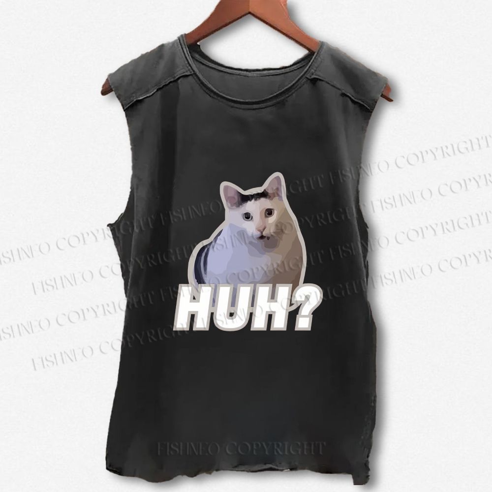 Unisex Funny Cat Meme Printed Washed Tank Top