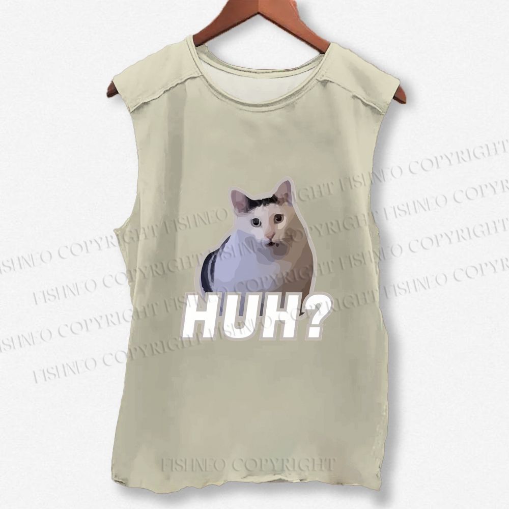 Unisex Funny Cat Meme Printed Washed Tank Top