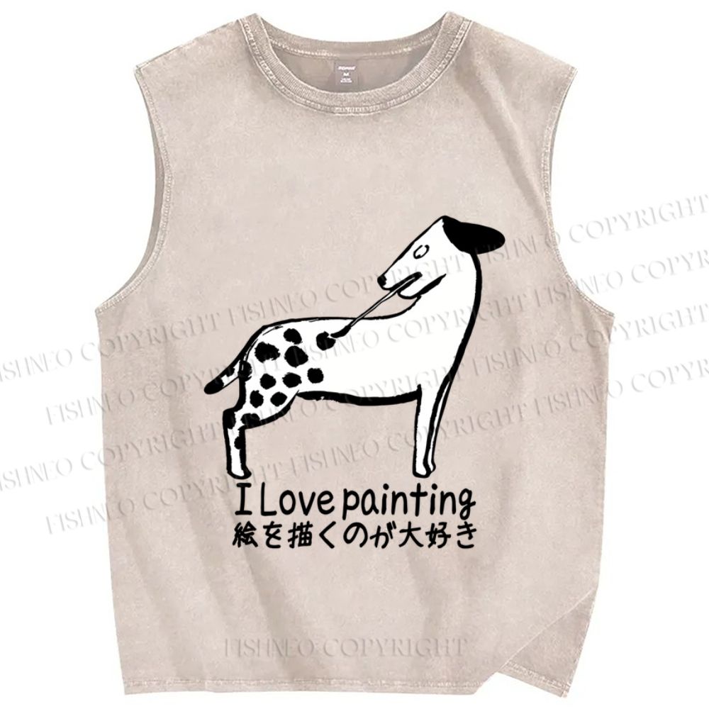 Unisex Funny Japanese Dog Love Painting Printed Washed Tank Top