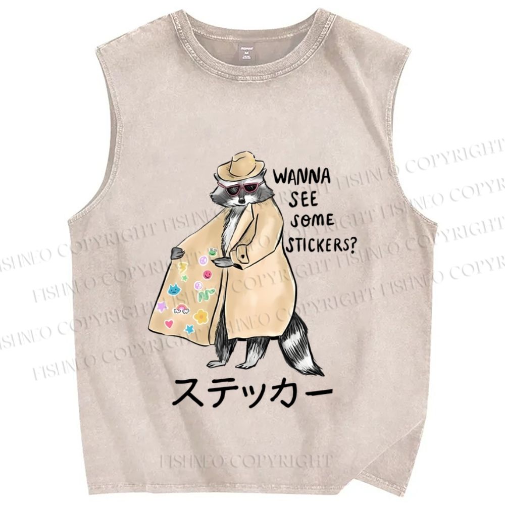 Unisex Wanna See Some Stickers Raccoon Printed Washed Tank Top