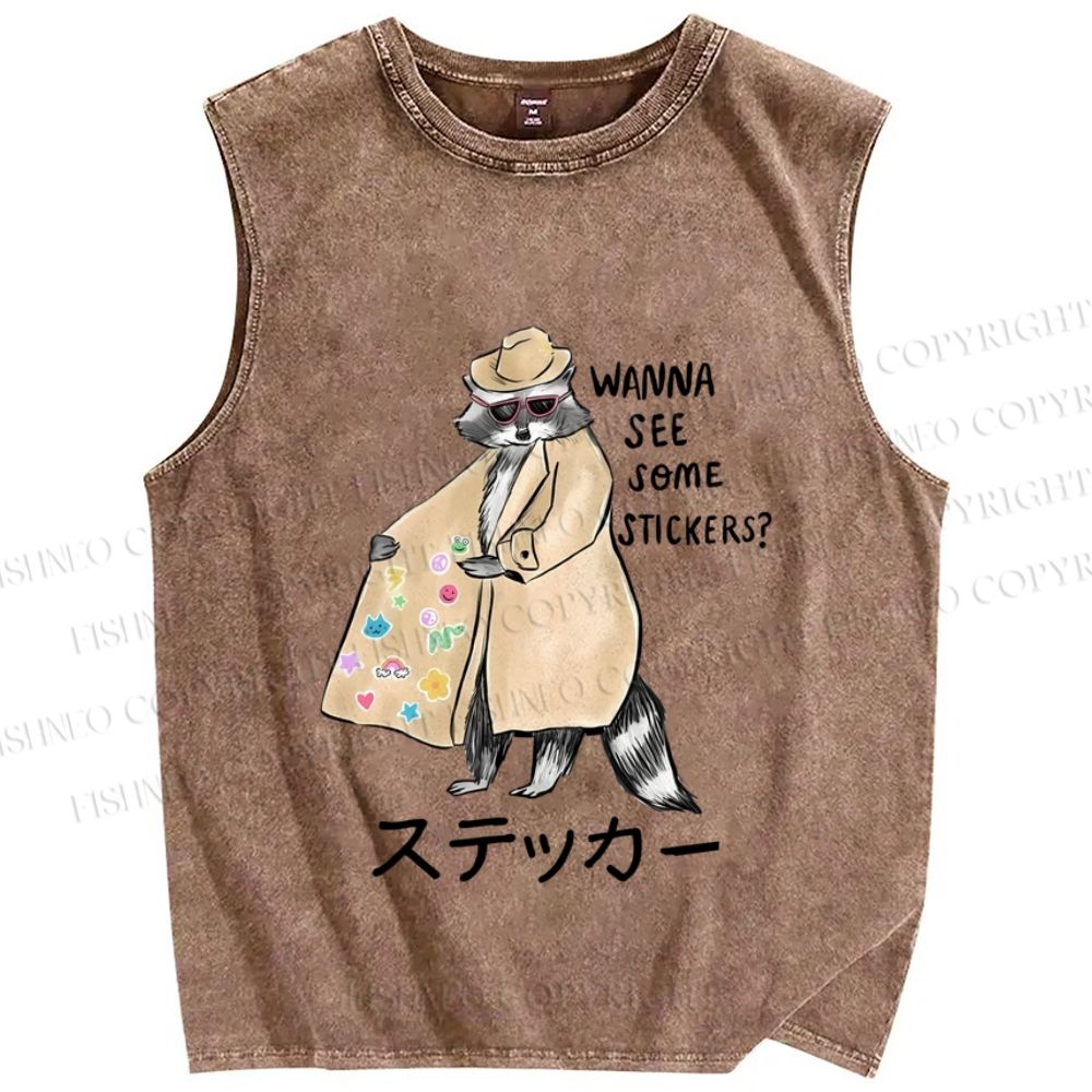 Unisex Wanna See Some Stickers Raccoon Printed Washed Tank Top