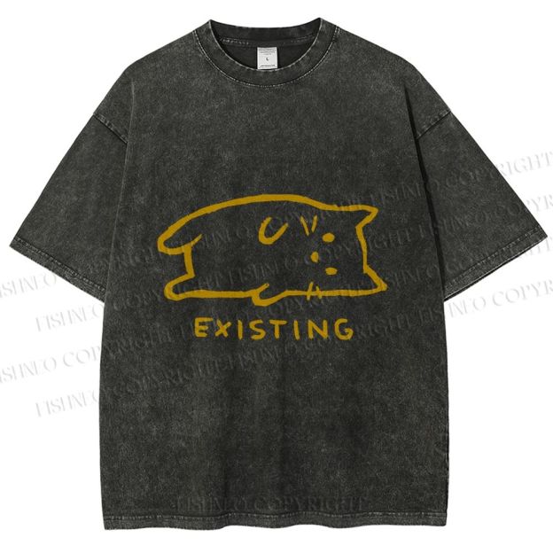 Unisex Laying Cat Existing Printed Washed Tee