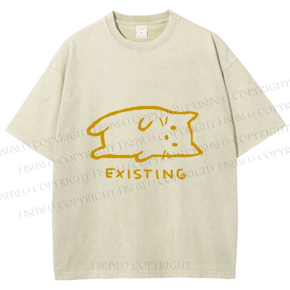 Unisex Laying Cat Existing Printed Washed Tee