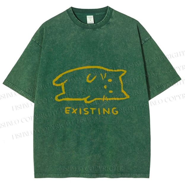Unisex Laying Cat Existing Printed Washed Tee