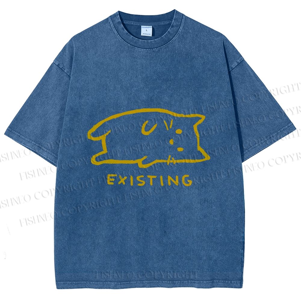 Unisex Laying Cat Existing Printed Washed Tee