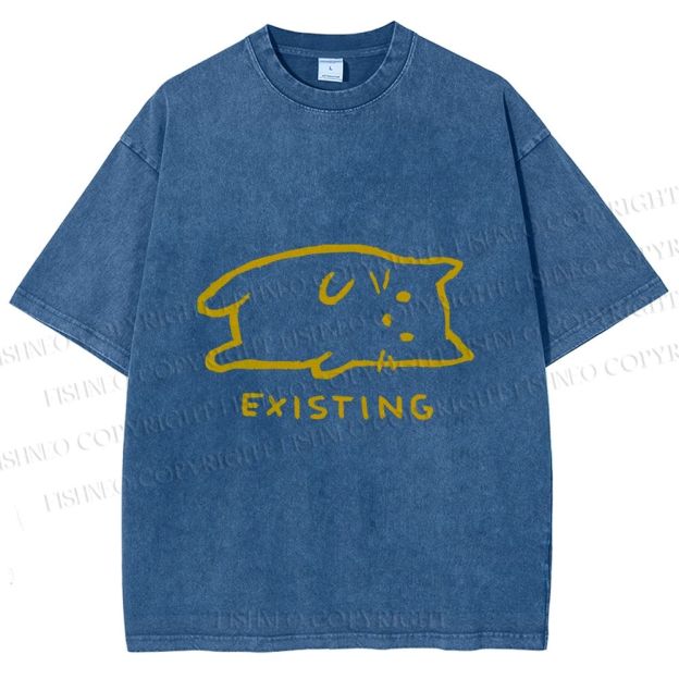 Unisex Laying Cat Existing Printed Washed Tee