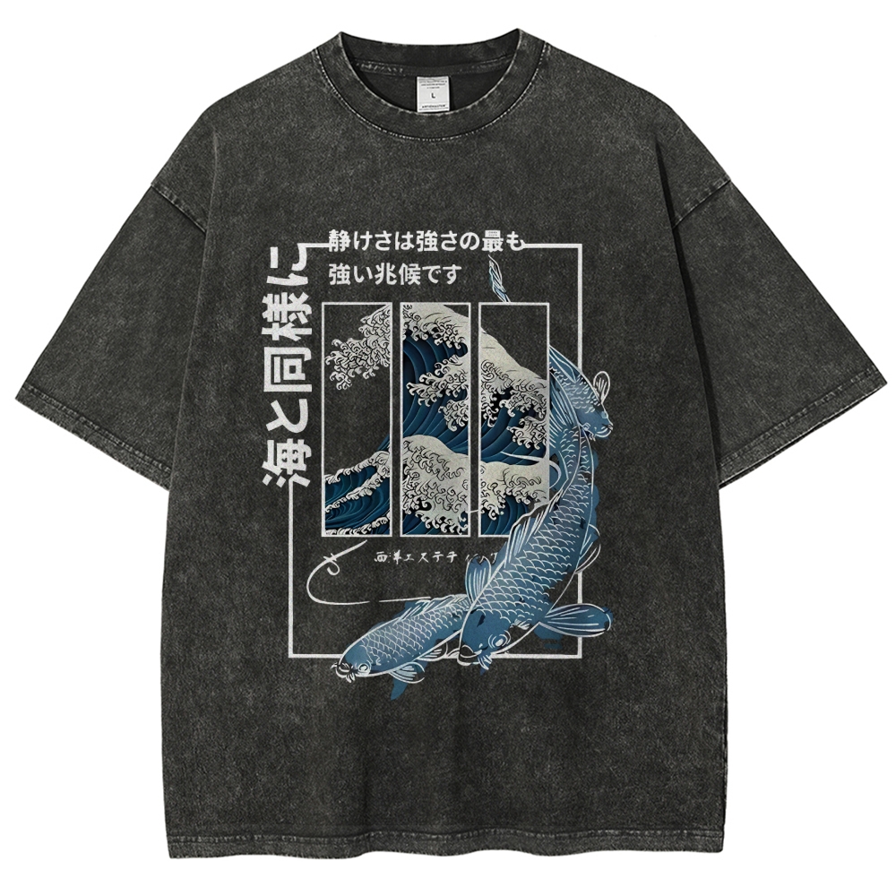 Ukiyoe Waves And Fish Washed T-Shirt