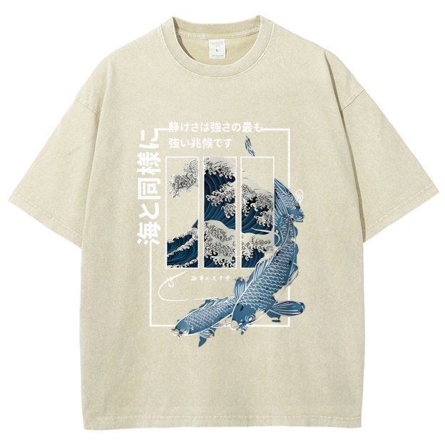 Ukiyoe Waves And Fish Washed T-Shirt