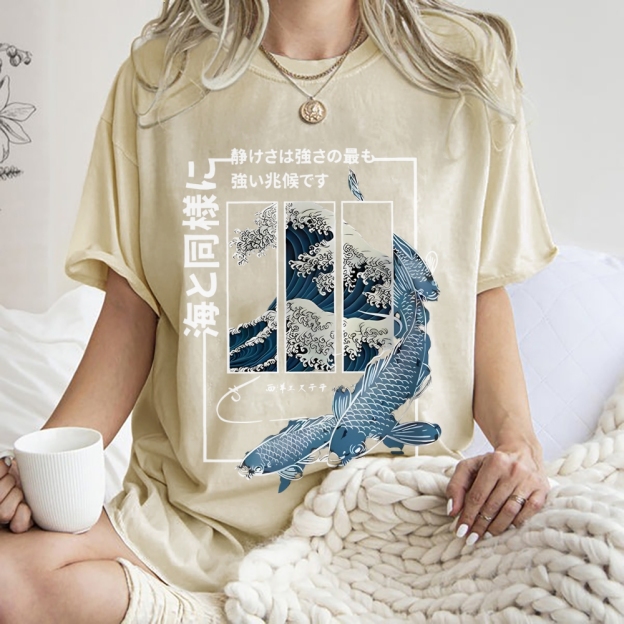 Ukiyoe Waves And Fish Washed T-Shirt