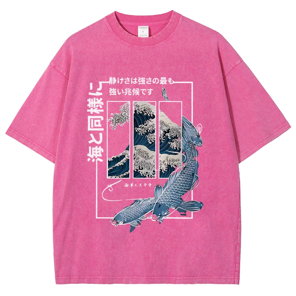 Ukiyoe Waves And Fish Washed T-Shirt
