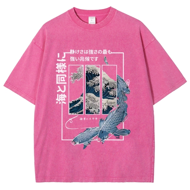 Ukiyoe Waves And Fish Washed T-Shirt