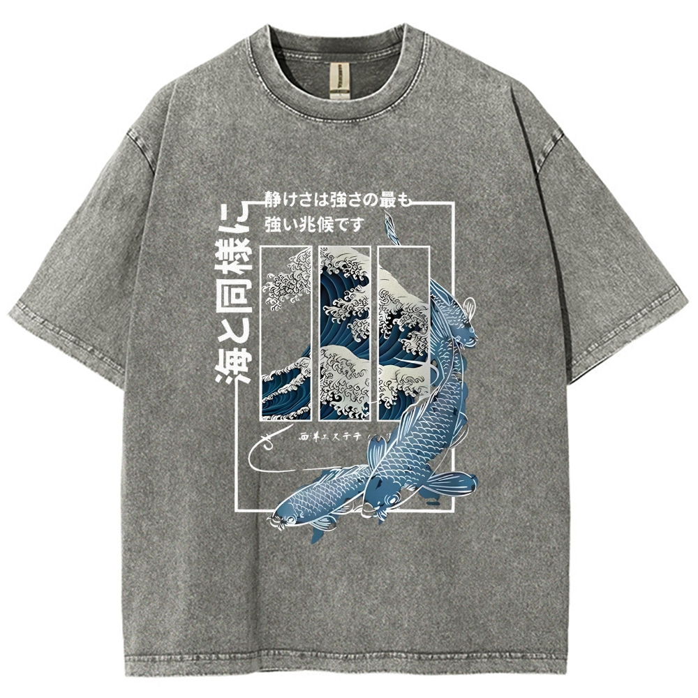 Ukiyoe Waves And Fish Washed T-Shirt