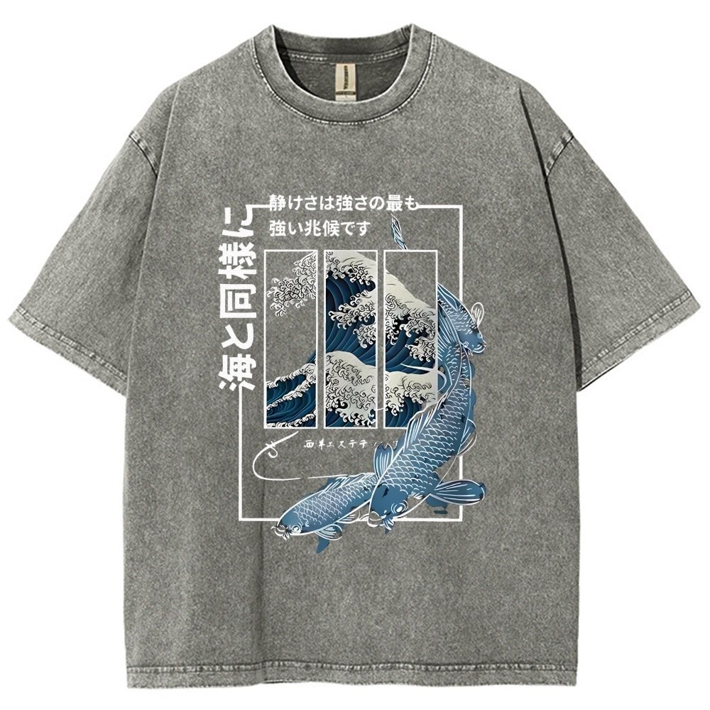 Ukiyoe Waves And Fish Washed T-Shirt