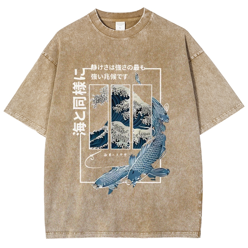Ukiyoe Waves And Fish Washed T-Shirt