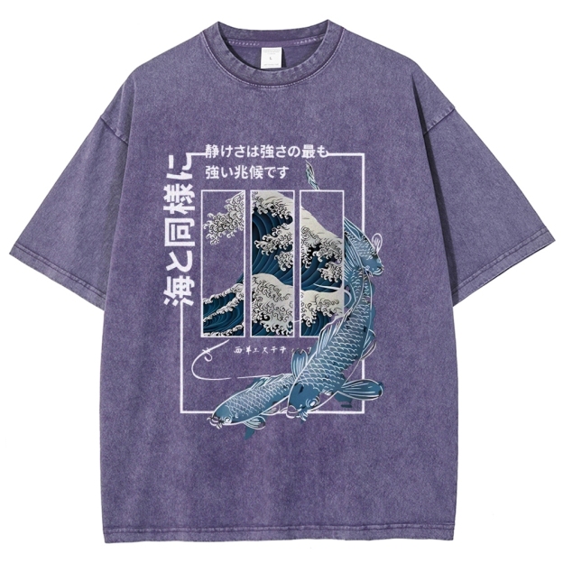 Ukiyoe Waves And Fish Washed T-Shirt