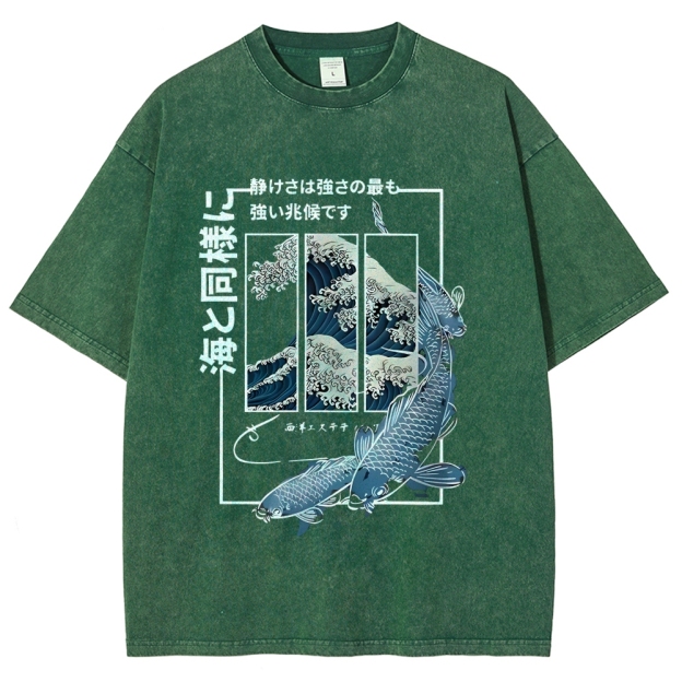 Ukiyoe Waves And Fish Washed T-Shirt
