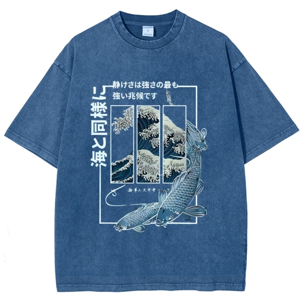 Ukiyoe Waves And Fish Washed T-Shirt