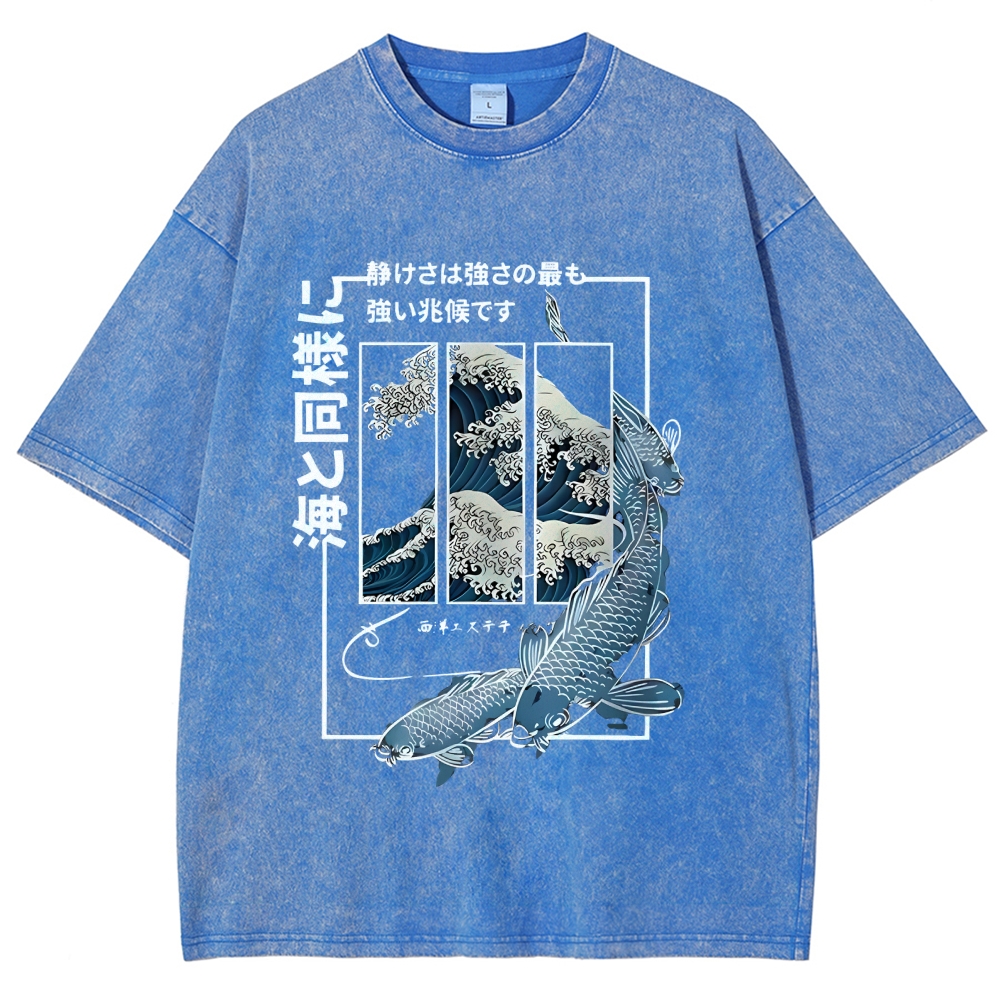 Ukiyoe Waves And Fish Washed T-Shirt