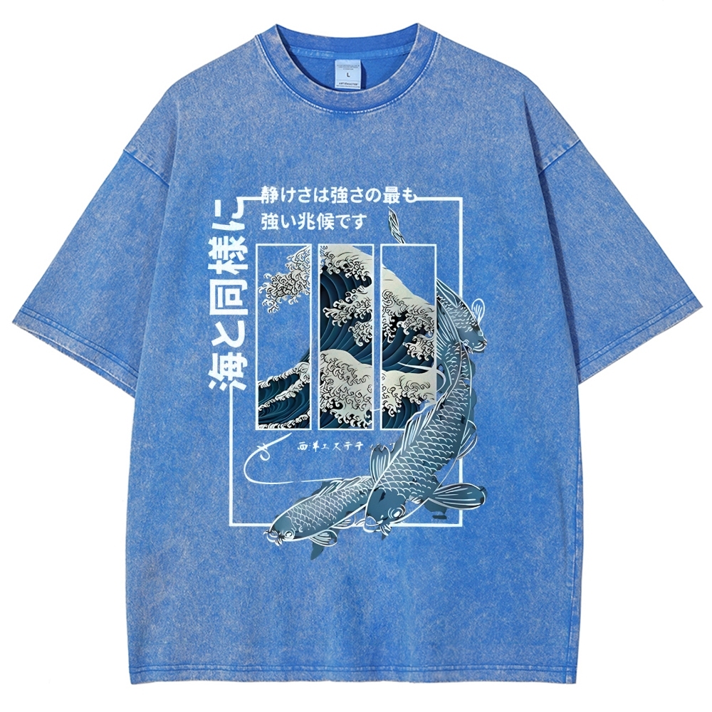 Ukiyoe Waves And Fish Washed T-Shirt