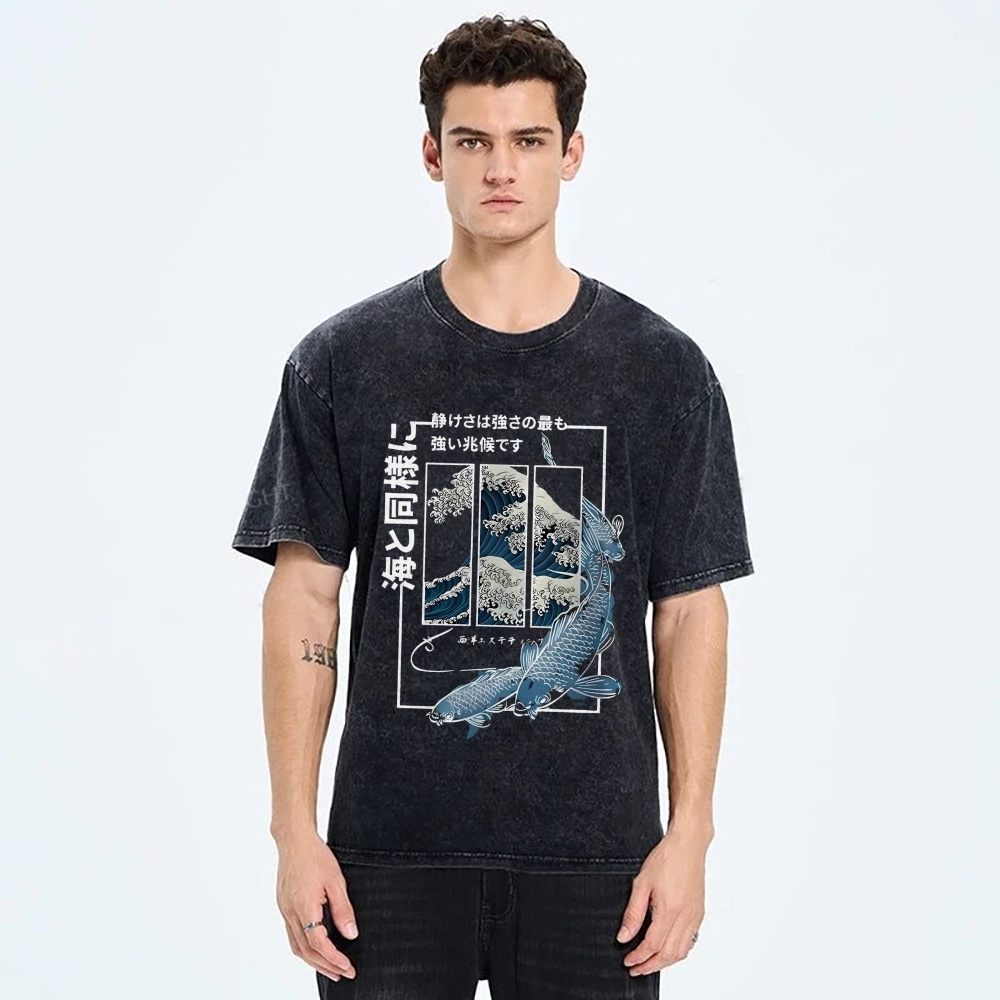 Ukiyoe Waves And Fish Washed T-Shirt