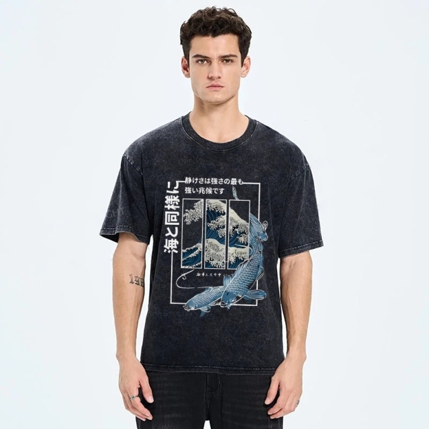 Ukiyoe Waves And Fish Washed T-Shirt