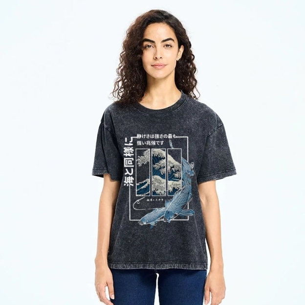 Ukiyoe Waves And Fish Washed T-Shirt