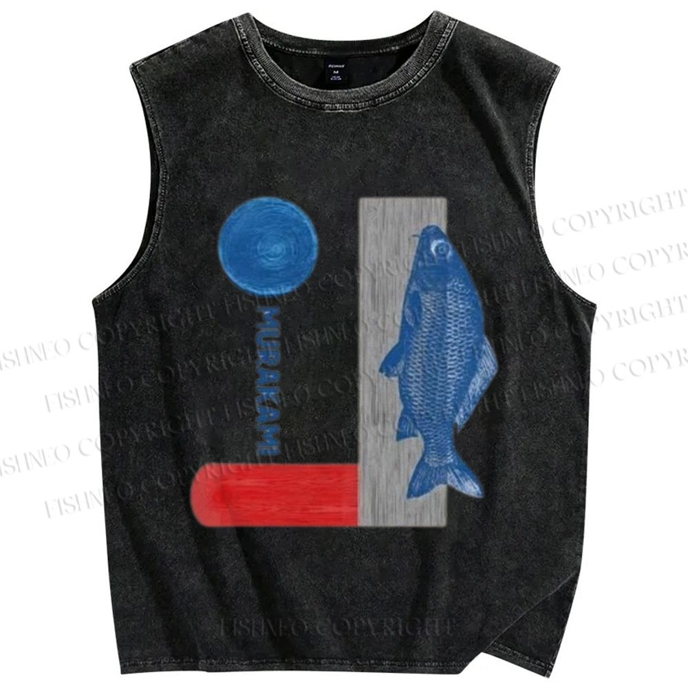 Unisex Japanese Fish And Book Printed Washed Tank Top