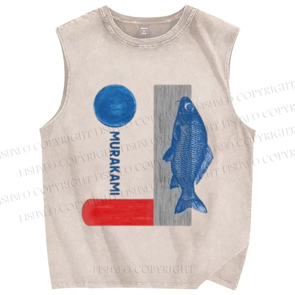 Unisex Japanese Fish And Book Printed Washed Tank Top