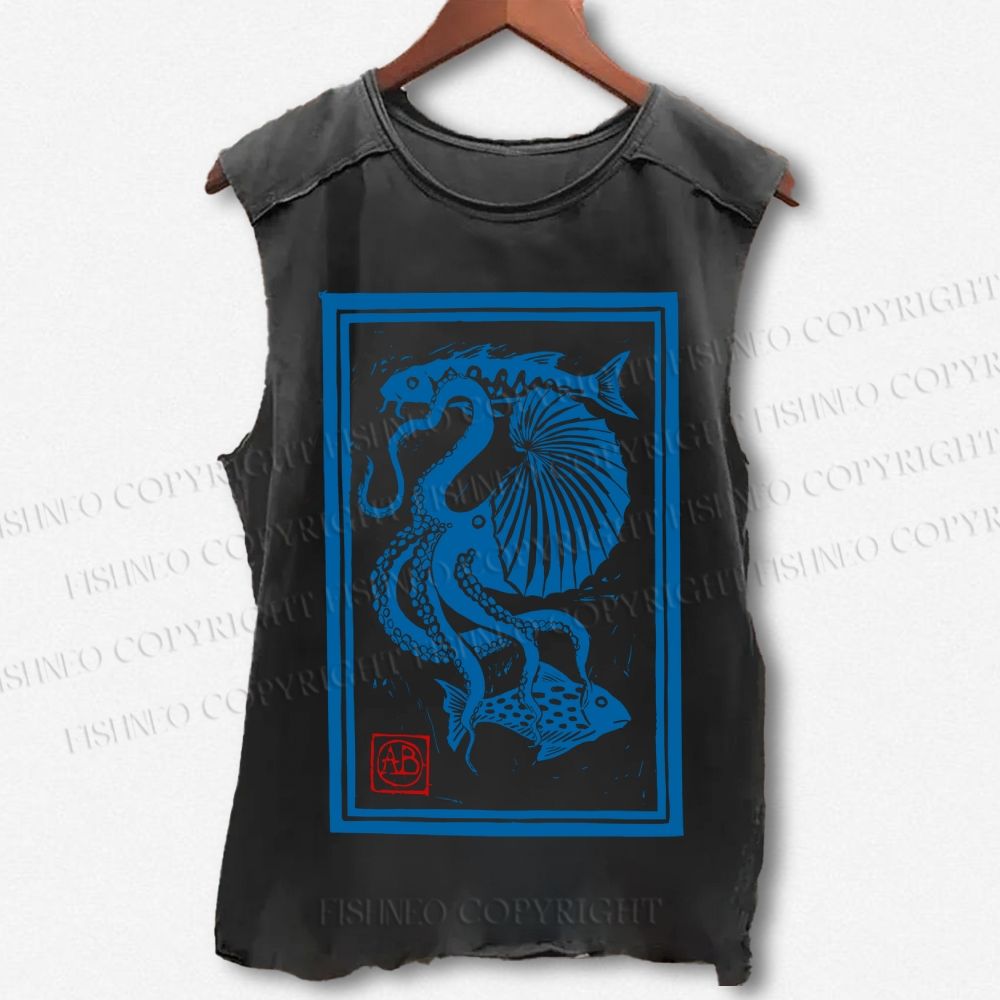 Unisex Vintage Octopus Sardine Fish Printed Washed Tank Top