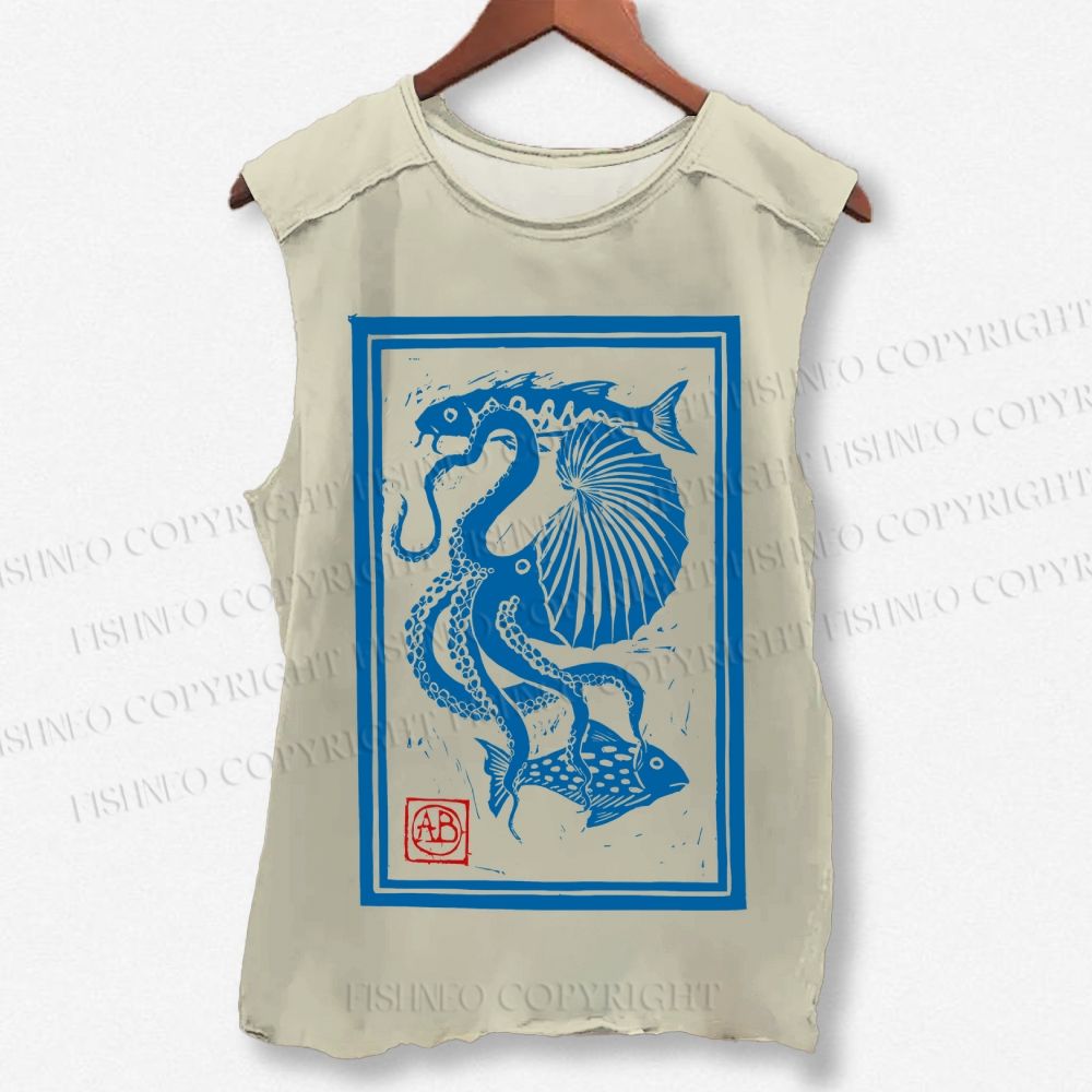 Unisex Vintage Octopus Sardine Fish Printed Washed Tank Top