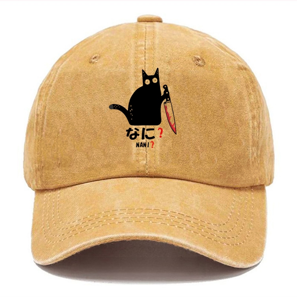 A Puzzled Cat Holding A Knife Washed Cap