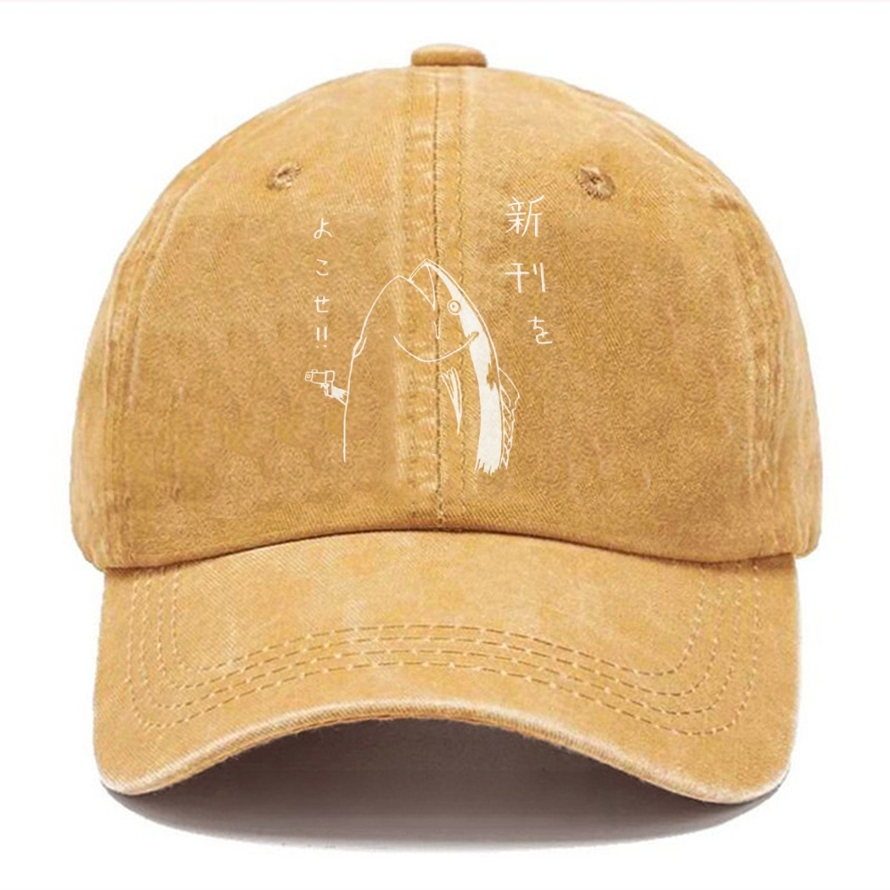 Japanese Fish Hold Up White Washed Cap