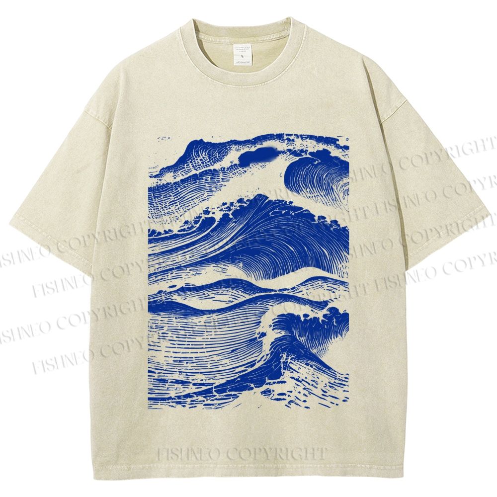 Unisex Vintage Japanese Wave Printed Washed Tee