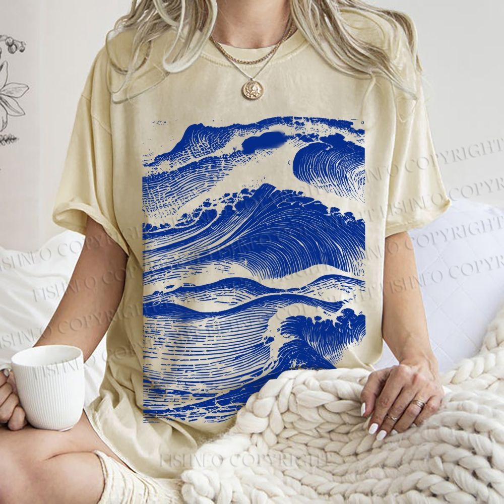 Unisex Vintage Japanese Wave Printed Washed Tee