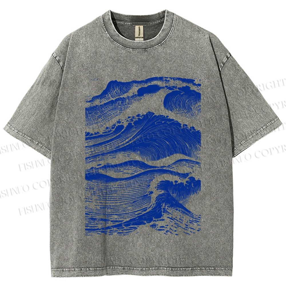 Unisex Vintage Japanese Wave Printed Washed Tee