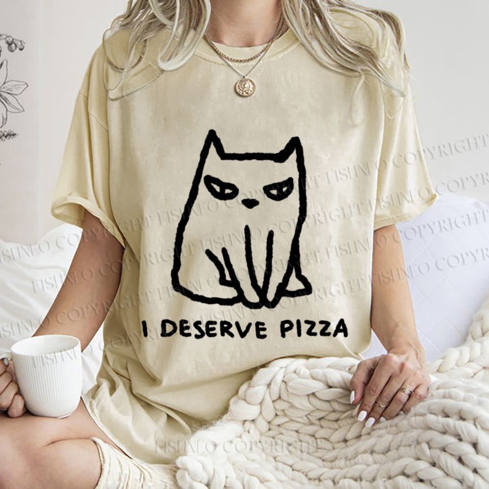 Unisex I Deserve Pizza Cat Printed Washed Tee