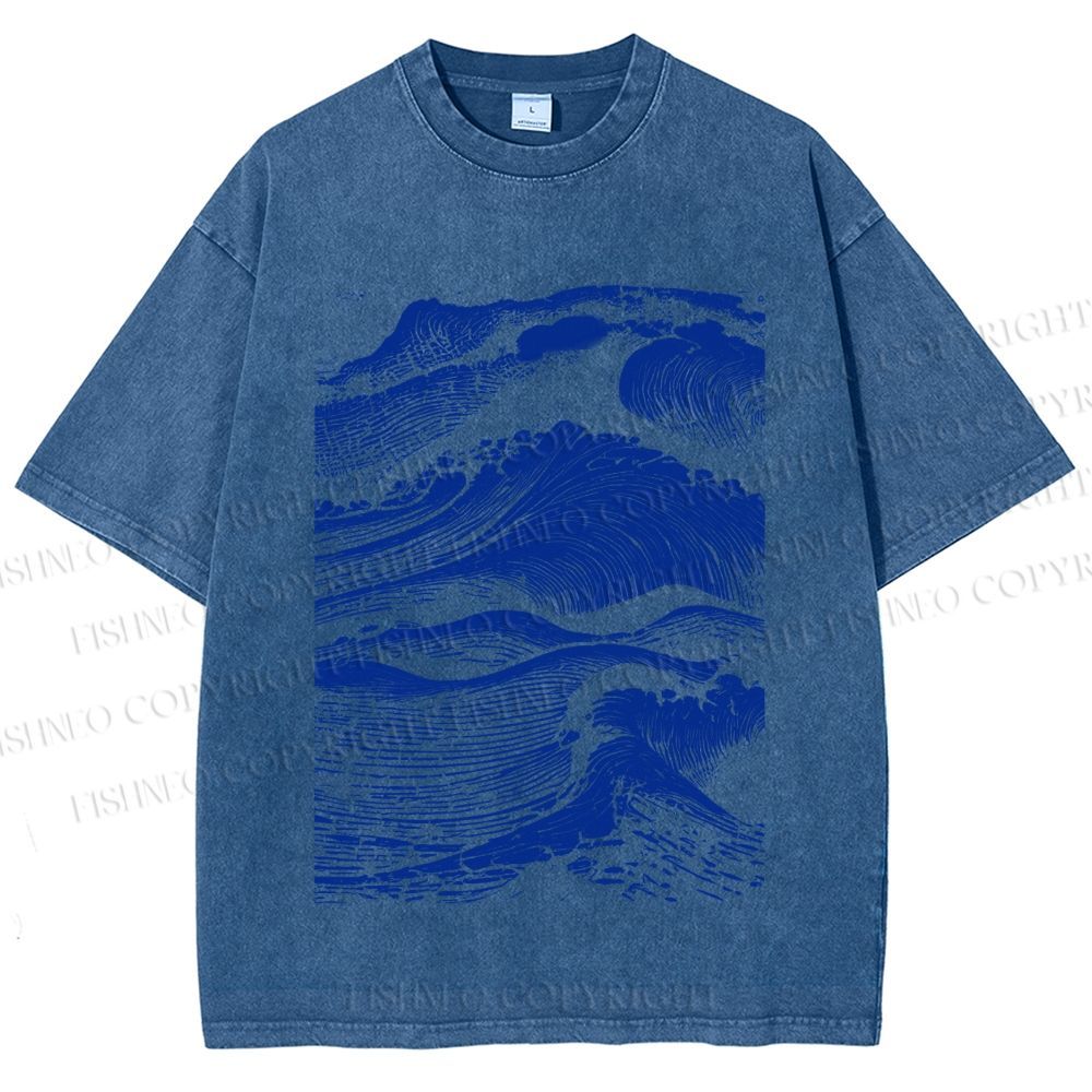 Unisex Vintage Japanese Wave Printed Washed Tee