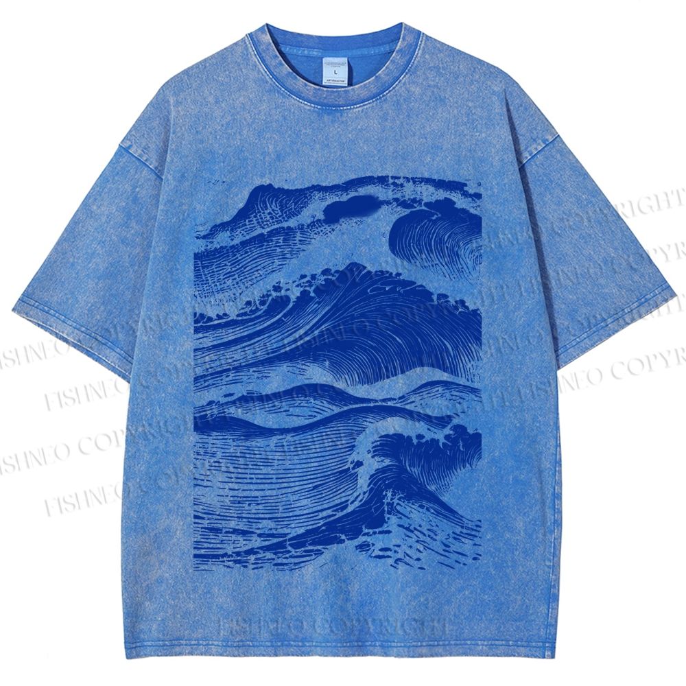 Unisex Vintage Japanese Wave Printed Washed Tee