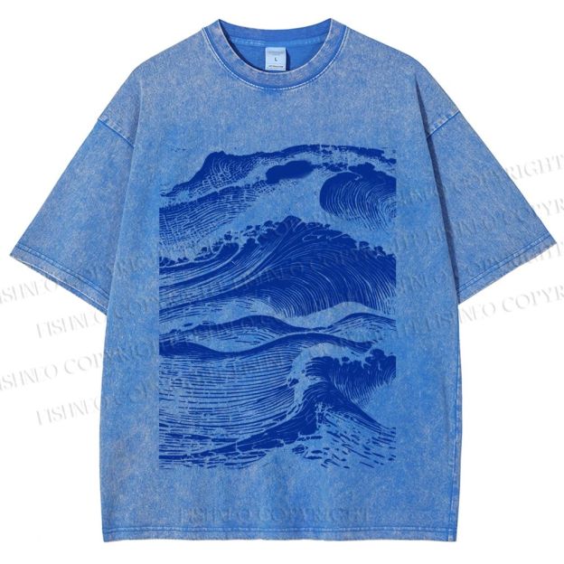 Unisex Vintage Japanese Wave Printed Washed Tee