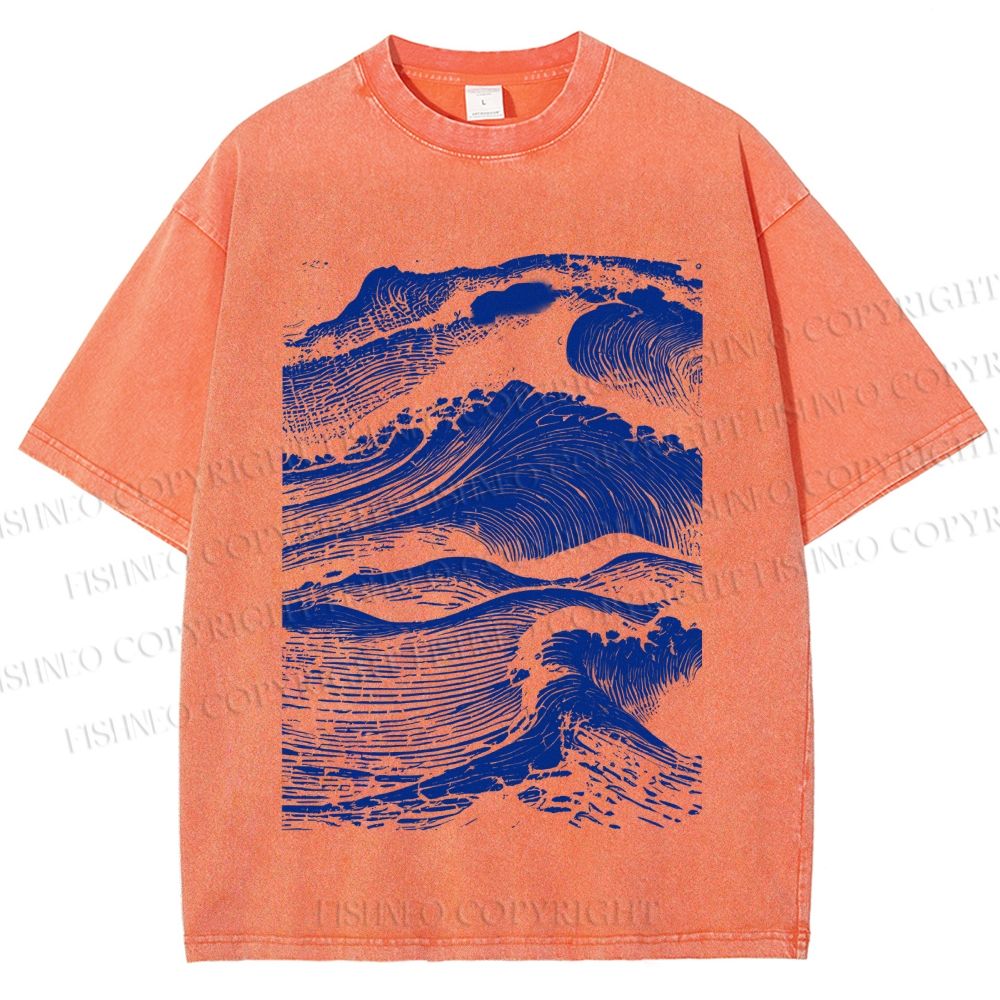 Unisex Vintage Japanese Wave Printed Washed Tee