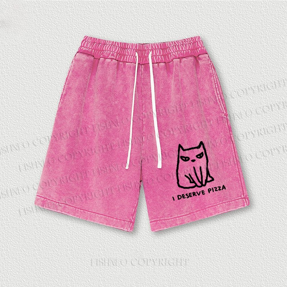 I Deserve Pizza Cat Washed Vintage Shorts