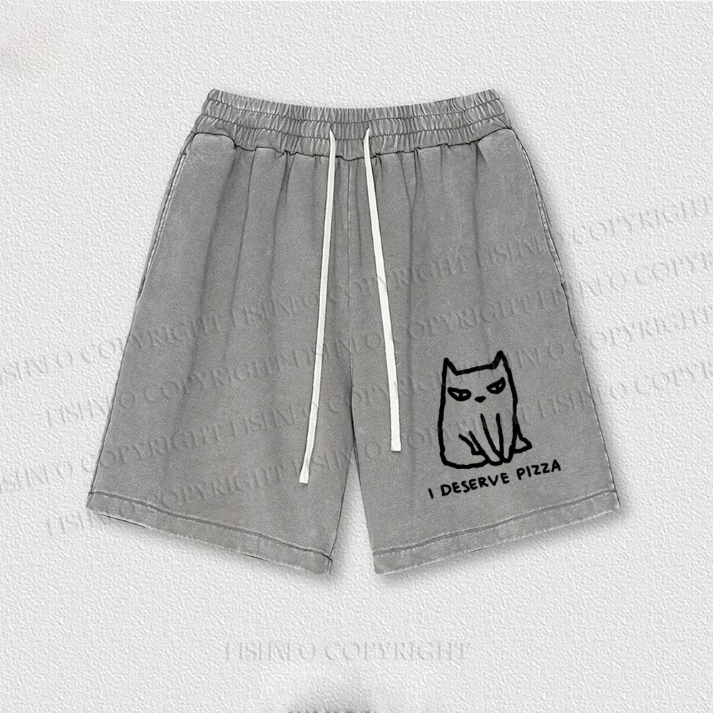I Deserve Pizza Cat Washed Vintage Shorts